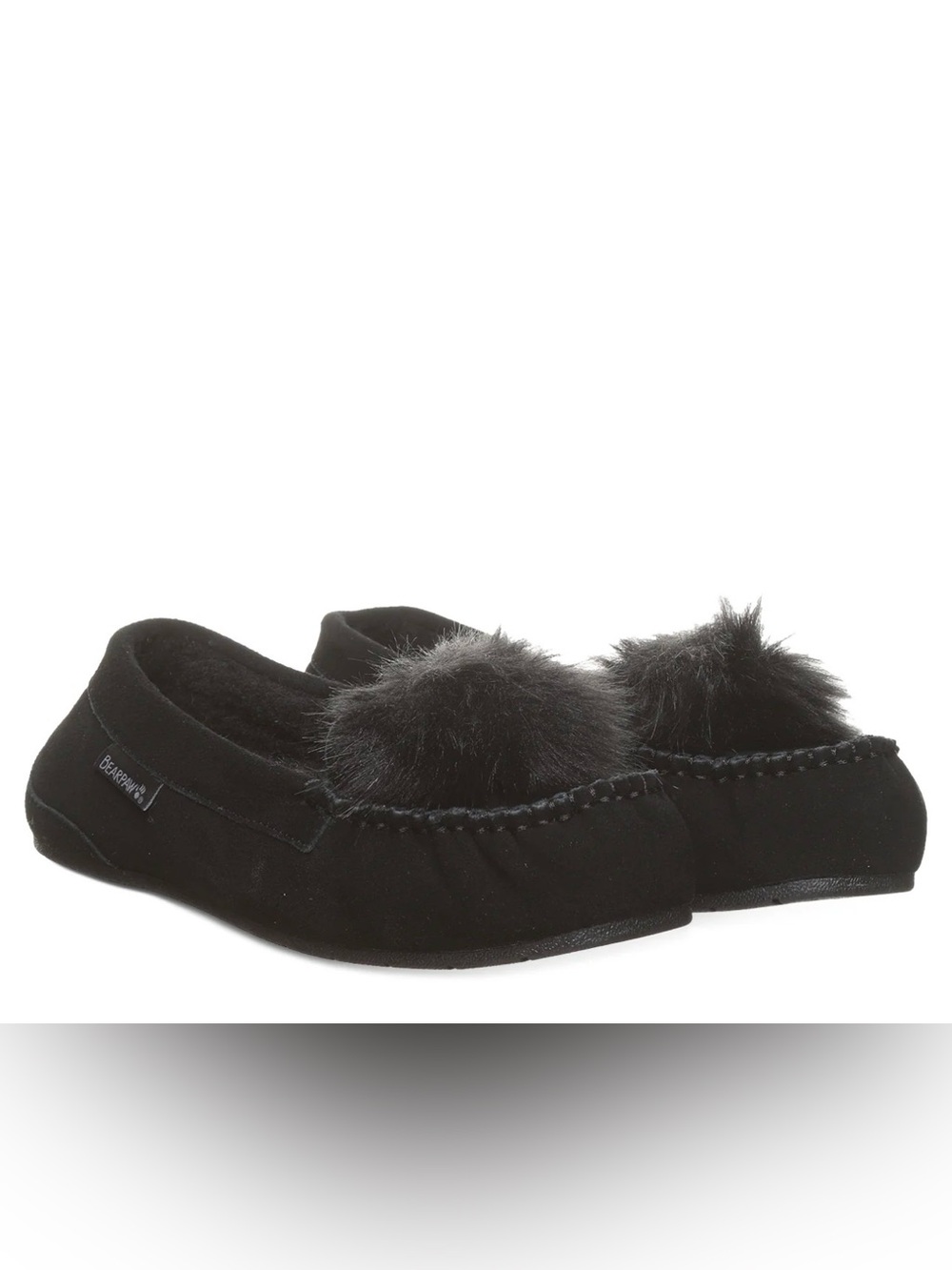 BearPaw Black Faux-Fur Pom Women's Moccasin Slippers
